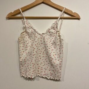 Brandy Melville White and Pink floral Ruffle Trim Cropped Tank Top